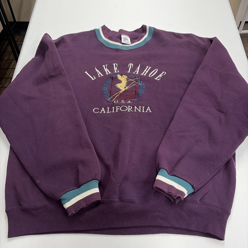 Jerzees Vintage Lake Tahoe Crew neck Pullover Stripped Sleeves Size XL USA Made